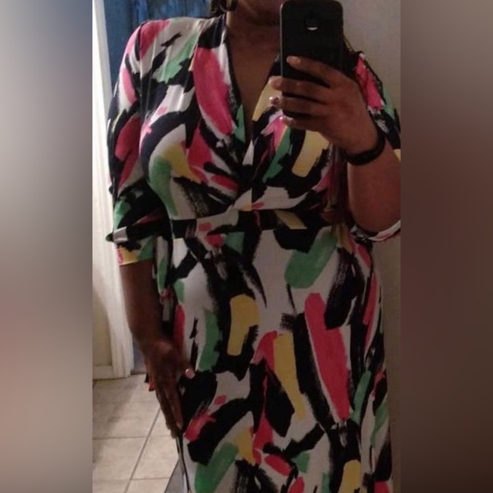 Colorful wrap around dress.